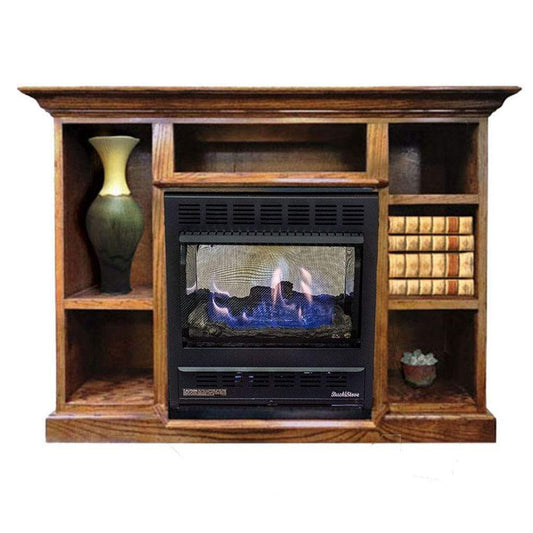 Buck Stove Model 1127 Vent Free Black Liquid Propane Gas Stove and Prestige Bookcase Light Oak Mantel Combo