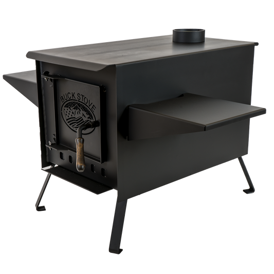 Buck Stove Model Big Buck Black Wood Burning Campstove With Legs, Shelves and 4" Collar