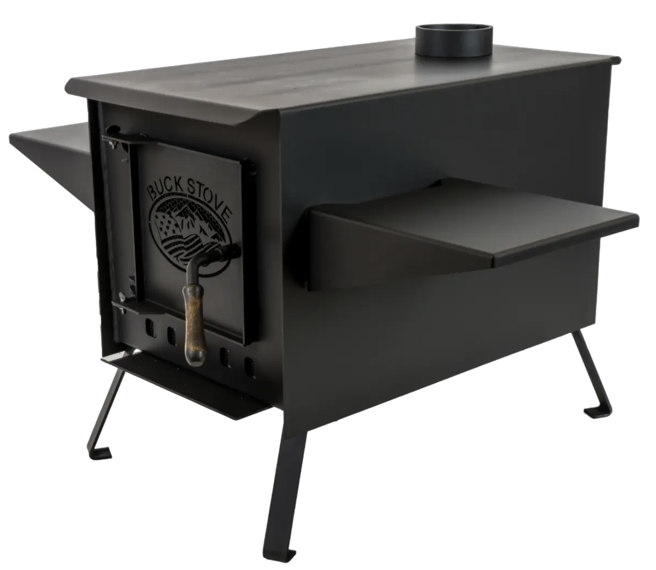 Buck Stove Model Little Buck Black Wood Burning Campstove With Legs, Shelves and 4" Collar