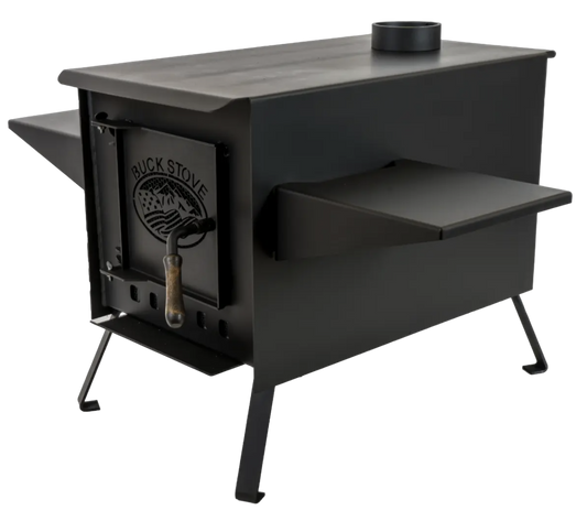 Buck Stove Model Little Buck Black Wood Burning Campstove With Legs, Shelves and 4" Collar