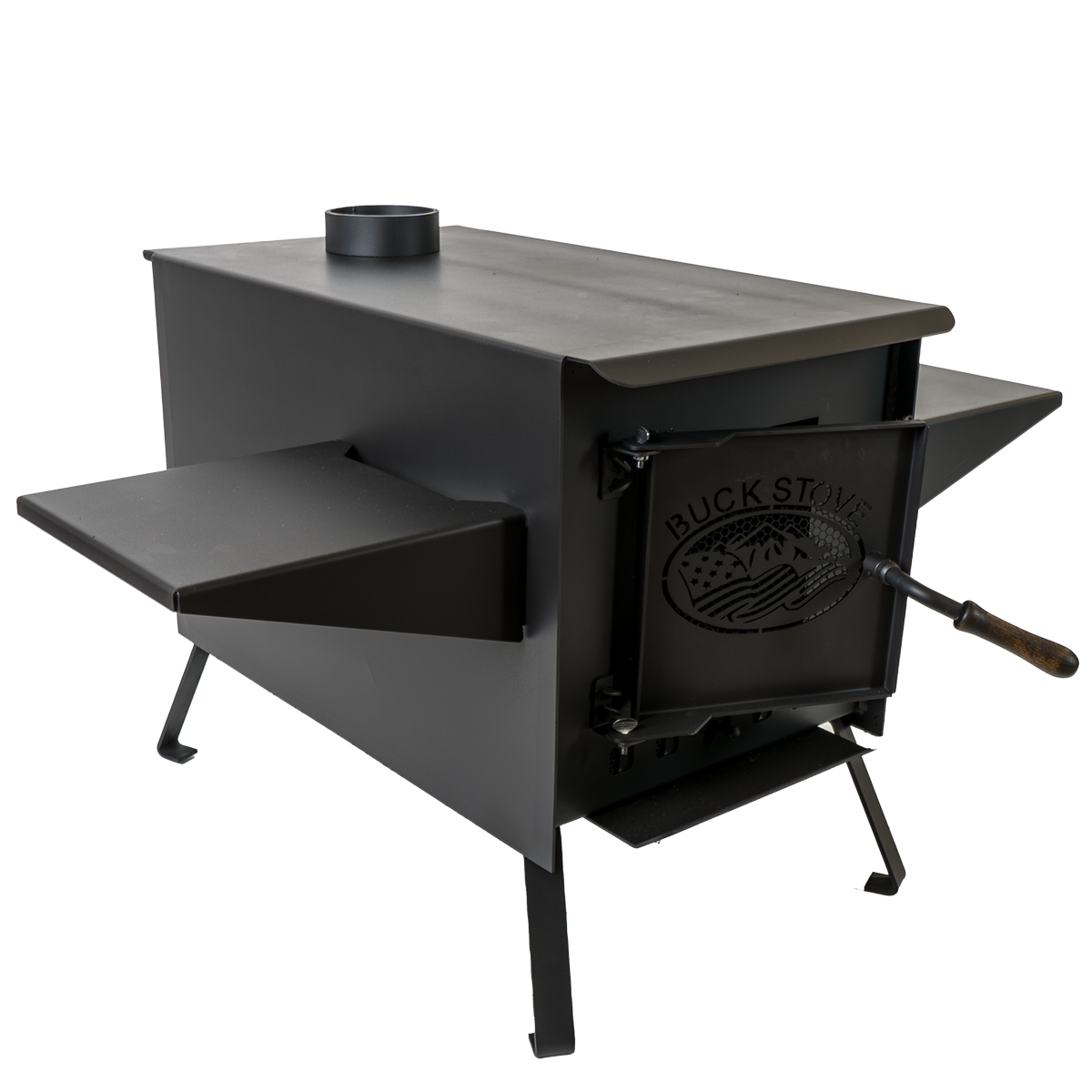 Buck Stove Model Little Buck Black Wood Burning Campstove With Legs, Shelves and 4" Collar