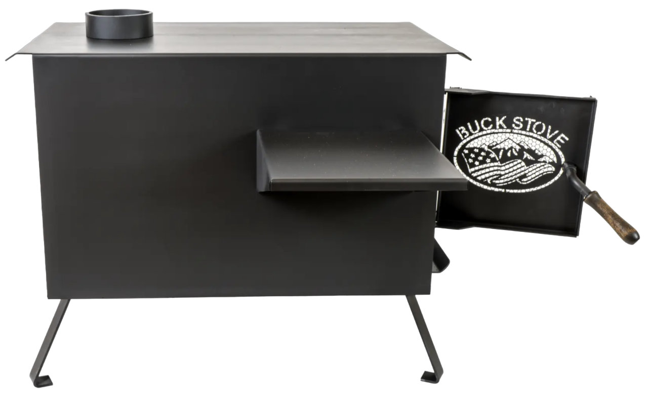 Buck Stove Model Little Buck Black Wood Burning Campstove With Legs, Shelves and 4" Collar