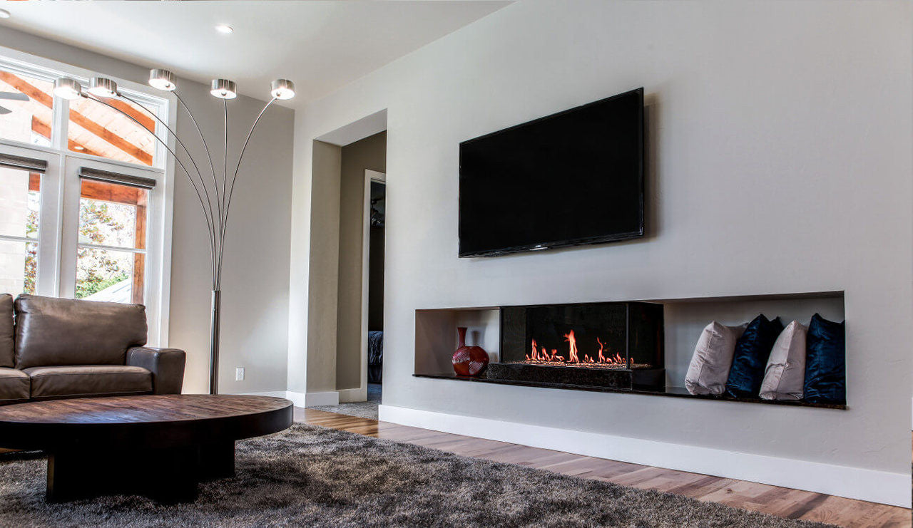 Flare Double Corner Modern Fireplace w/ 24" High Glass