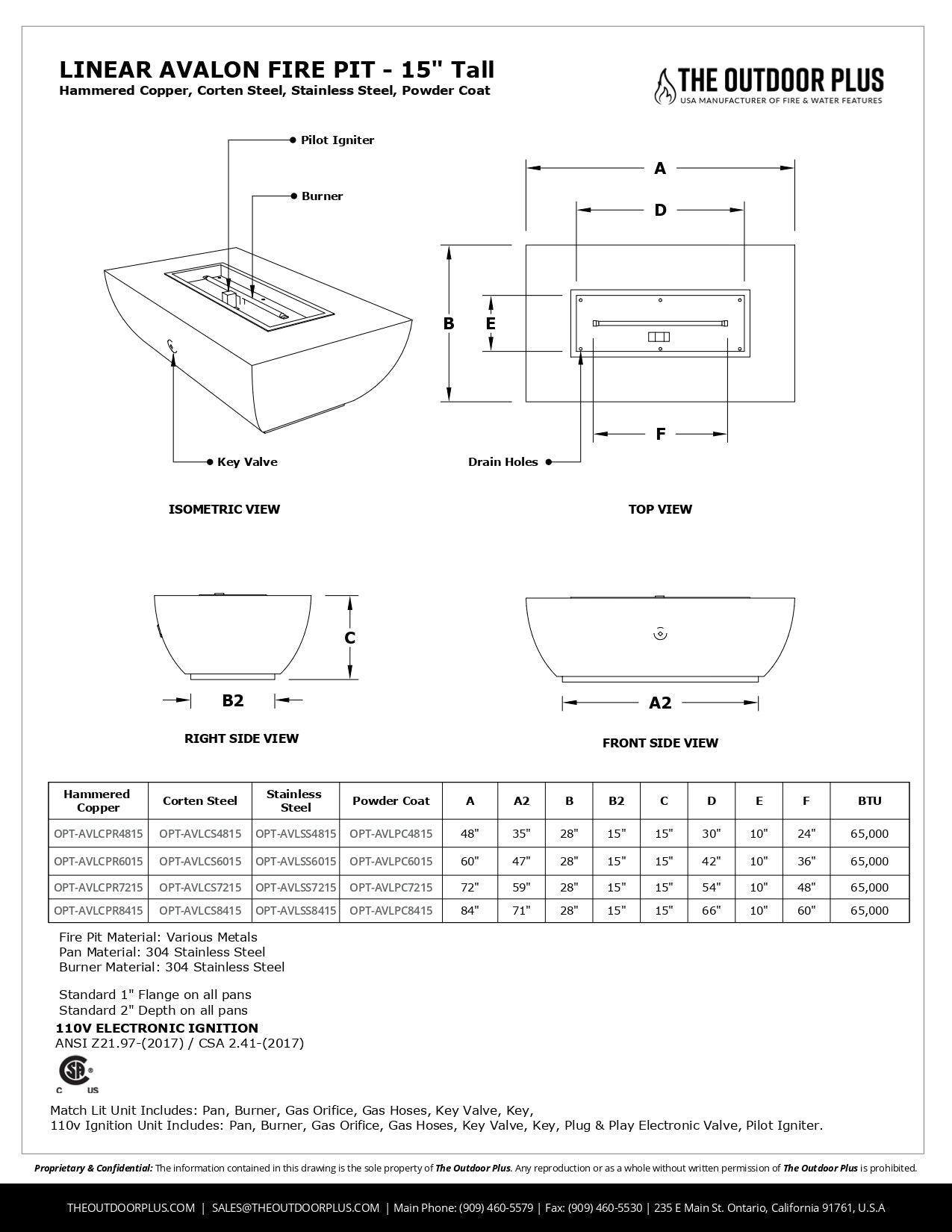 Avalon Linear Metal Fire Pit - 15" Tall by The Outdoor Plus - Free Cover Included
