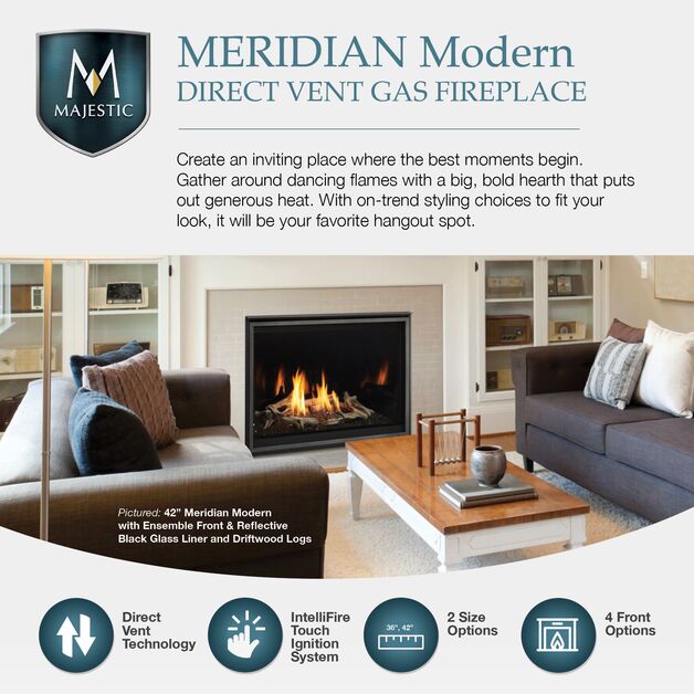 Majestic Meridian Modern 36" Traditional/Contemporary Top Direct Vent Natural Gas Fireplace With IntelliFire Touch ignition System