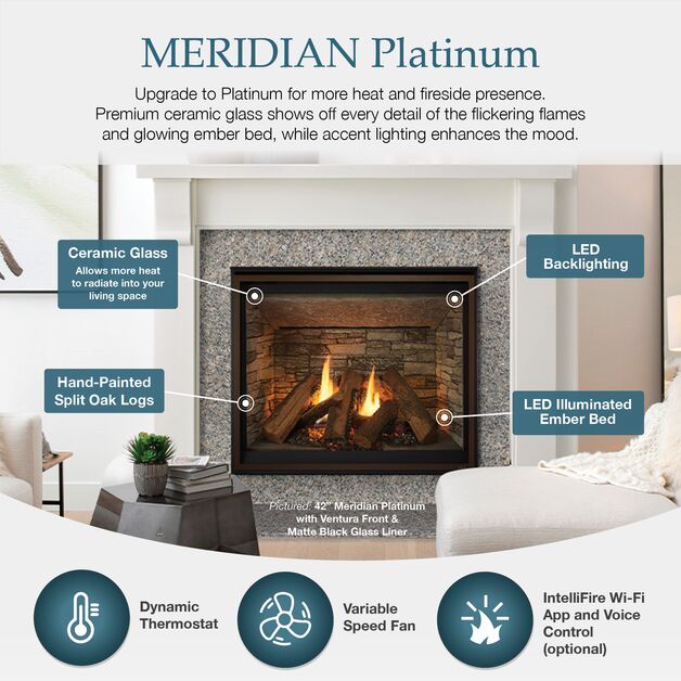 Majestic Meridian Platinum 42" Traditional Top/Rear Direct Vent Propane Gas Fireplace With IntelliFire Touch ignition System