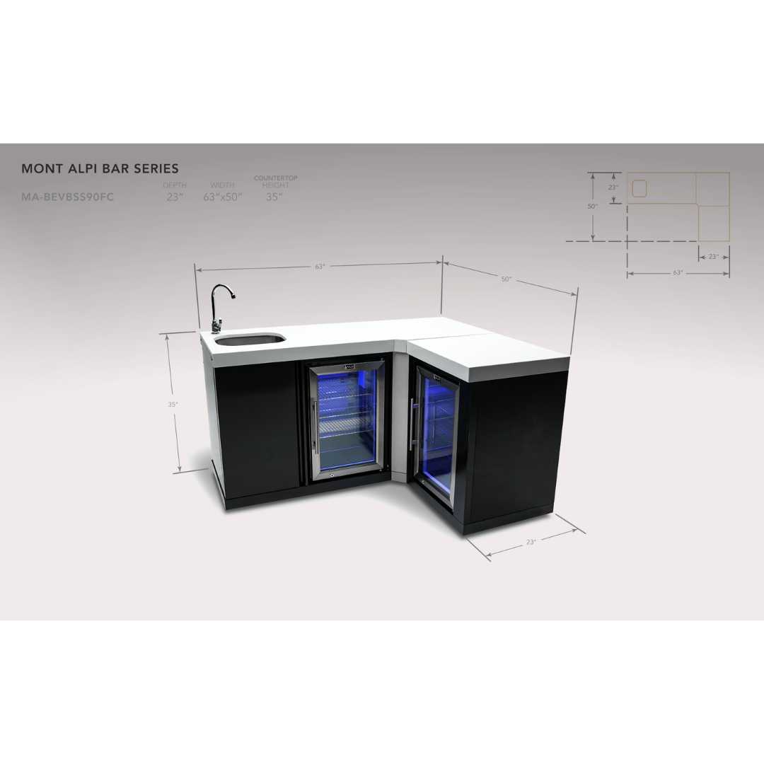 Mont Alpi Black Stainless Steel Beverage Center with 90 Degree Corner and Fridge Cabinet - MA-BEVBSS90FC