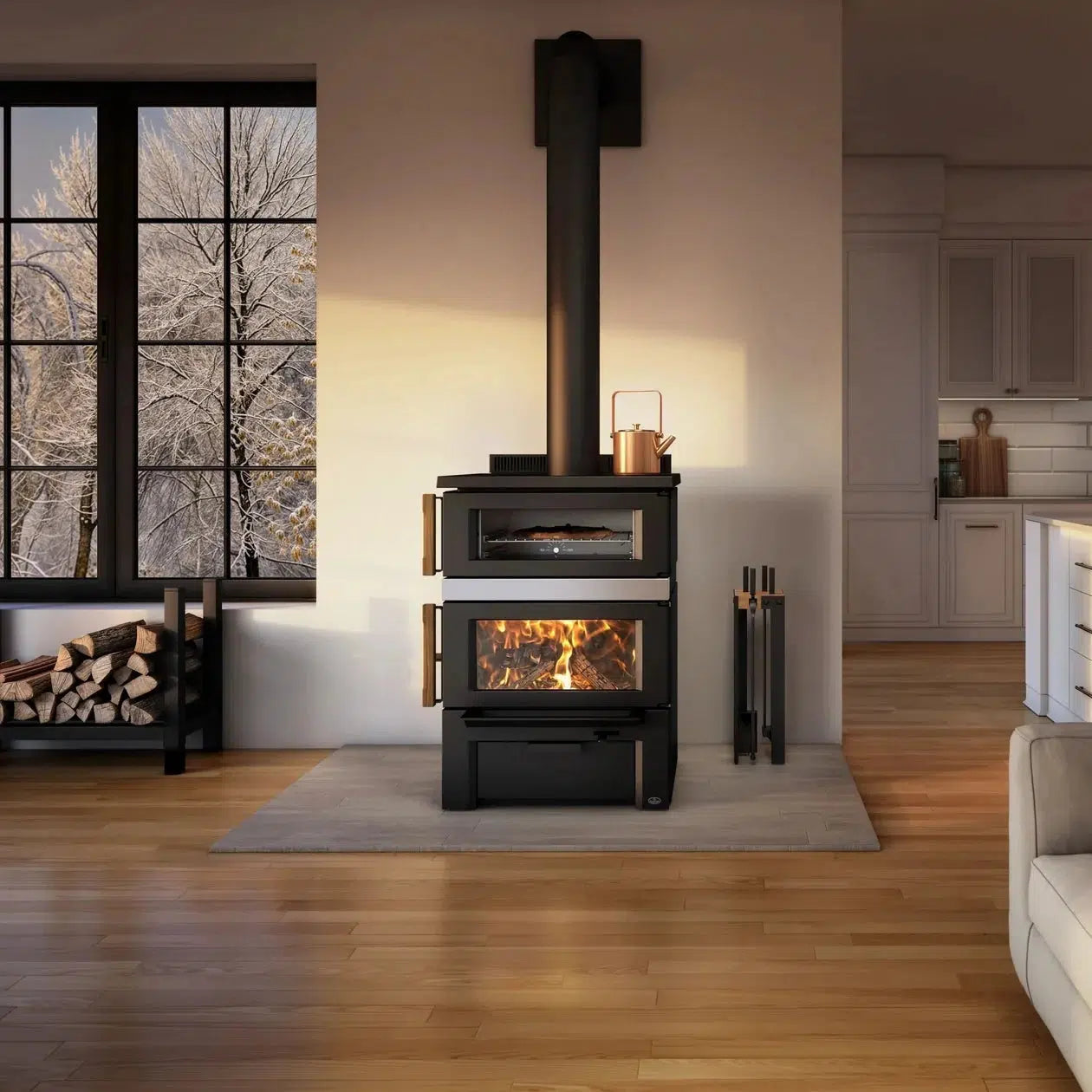 Osburn Gusto Wood Burning Cookstove With Brushed Nickel Decorative Moulding