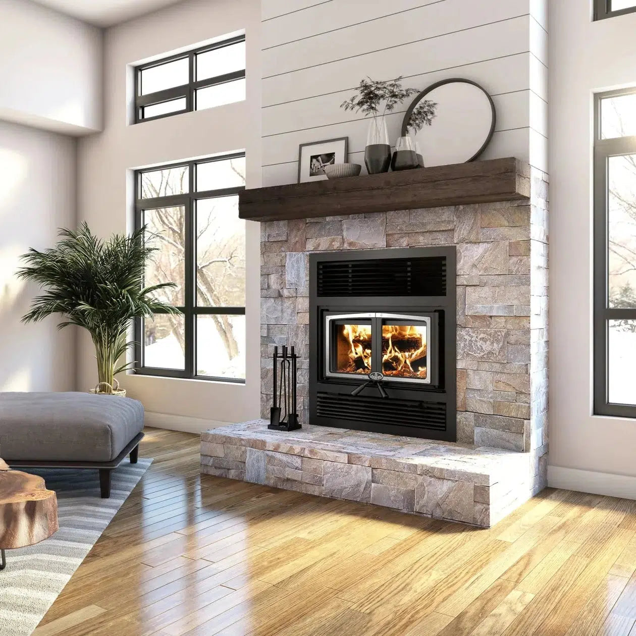 Osburn Everest II Wood Fireplace With Brushed Nickel Door Overlay, Traditional Faceplate & 4 Length of 6" x 36" Chimney