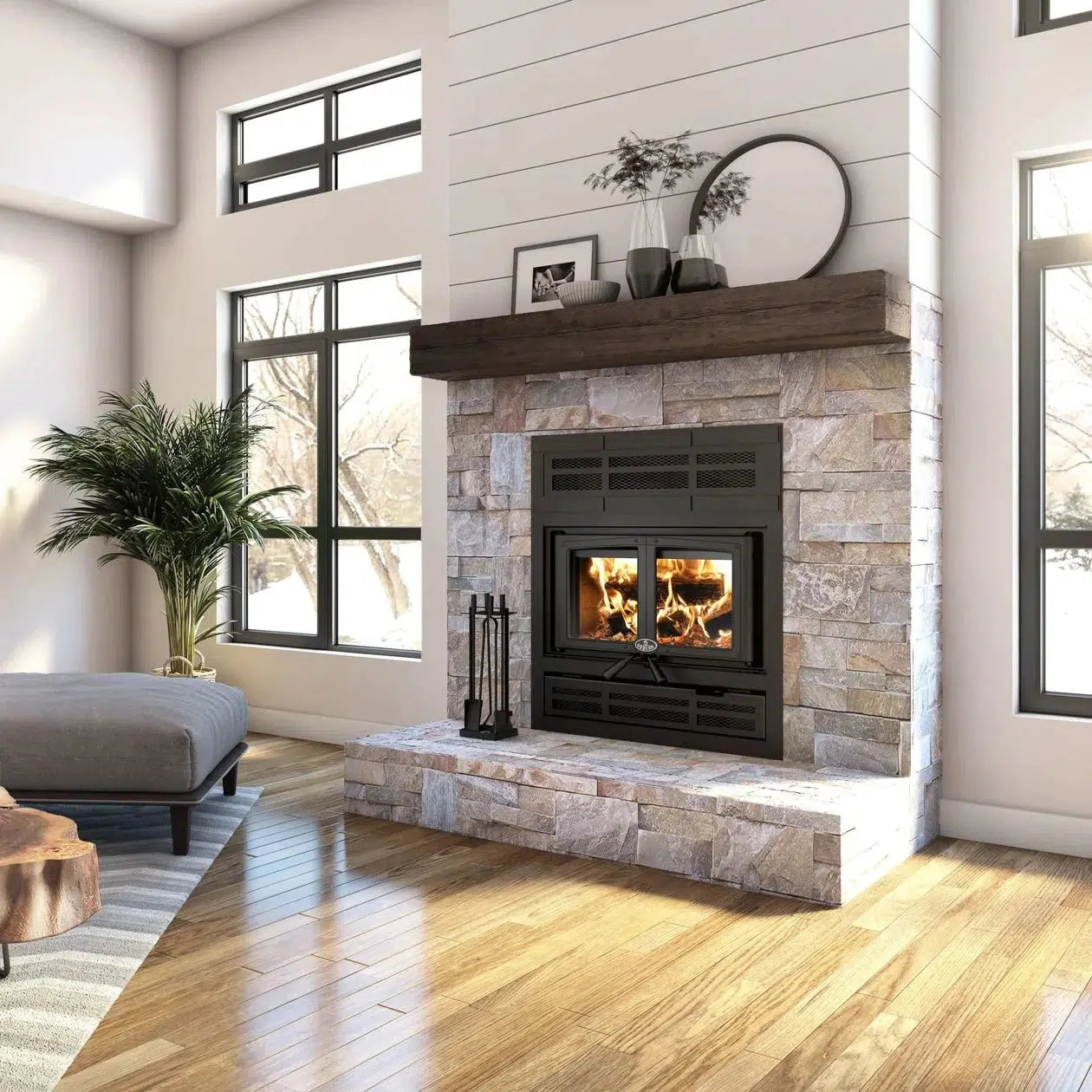 Osburn Everest II Wood Fireplace With Black Door Overlay, Modern Faceplate & 4 Length of 6" x 36" Chimney