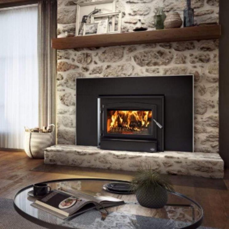 Osburn 3500 Wood Insert With Black Door Overlay, Faceplate, Brushed Nickel Large Faceplate Trims & Forever Flex Liner Kit