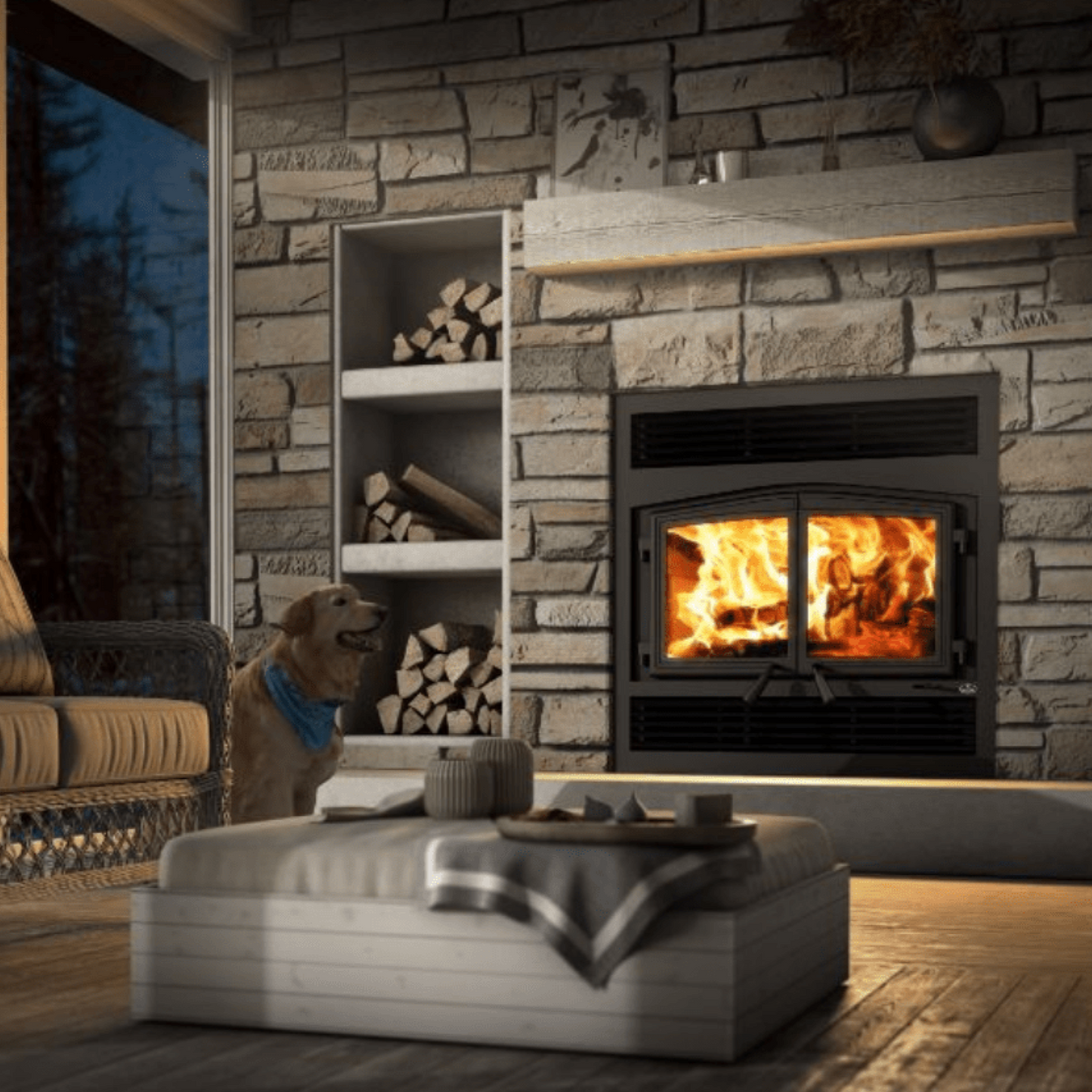 Osburn Stratford II Wood Fireplace With Black Door Overlay & Traditional Faceplate