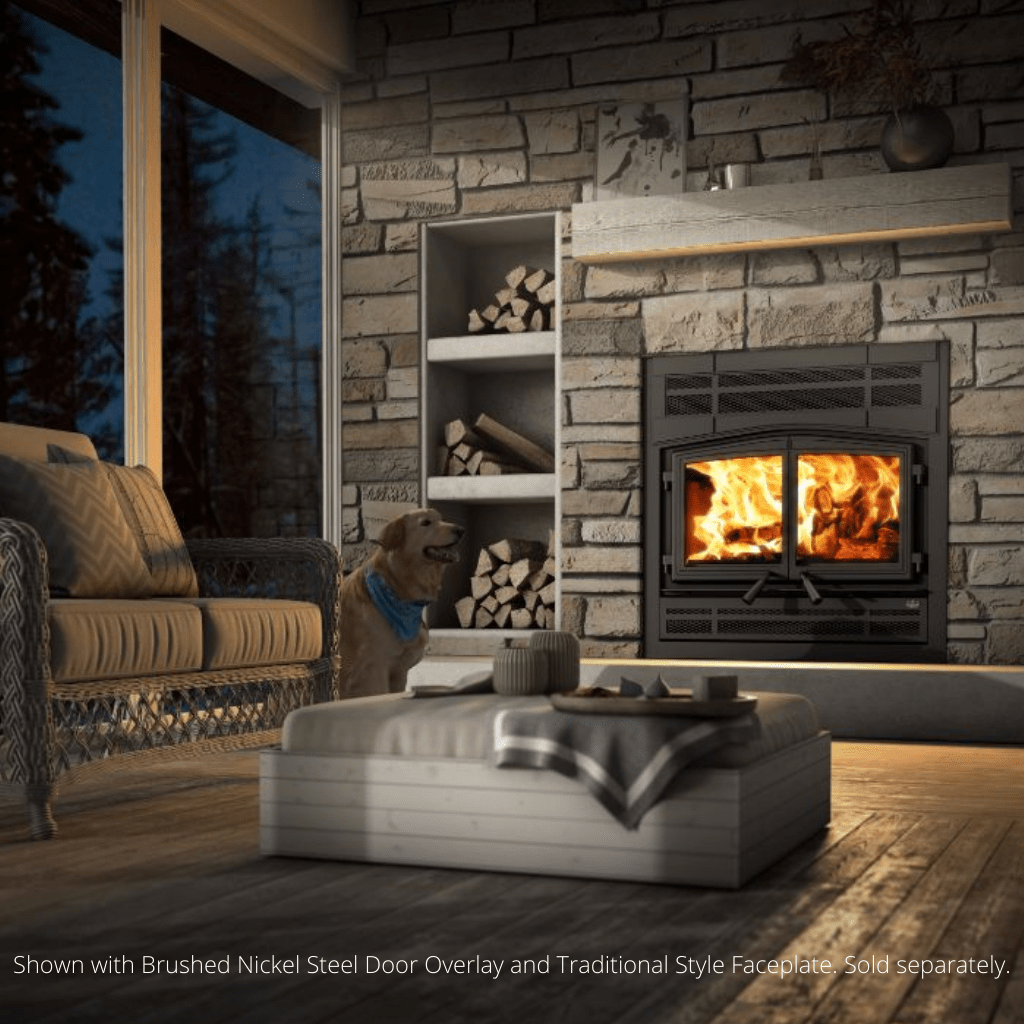 Osburn Stratford II Wood Fireplace With Black Door Overlay, Modern Faceplate & 4 Length of 6" x 36" Chimney