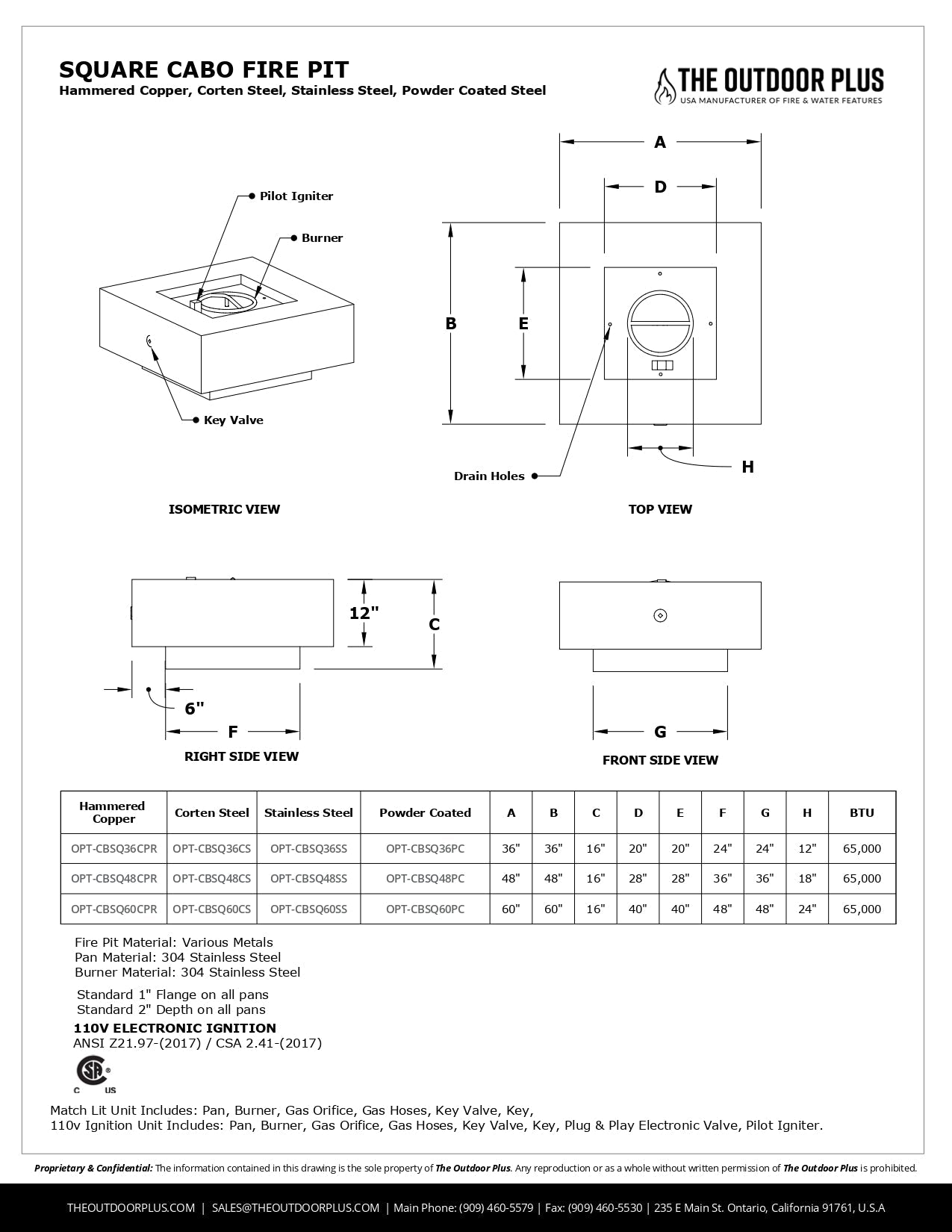Cabo Square Metal Fire Pit by The Outdoor Plus - Free Cover Included