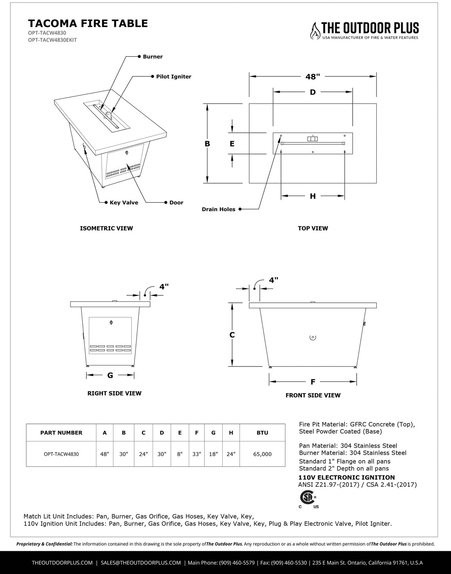 Tacoma Smooth Concrete and Steel Fire Table by The Outdoor Plus - Free Cover Included