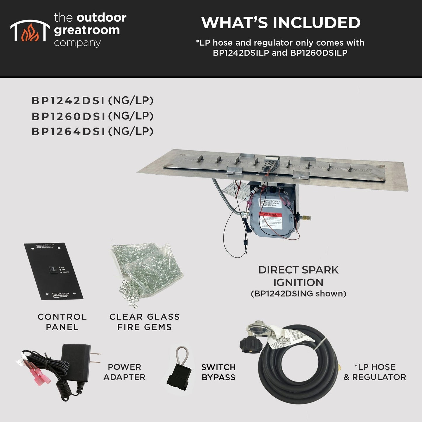 The Outdoor GreatRoom Company Crystal Fire Plus 13.5" x 36" Linear Direct Spark LPG Gas Burner Insert and Plate Kit