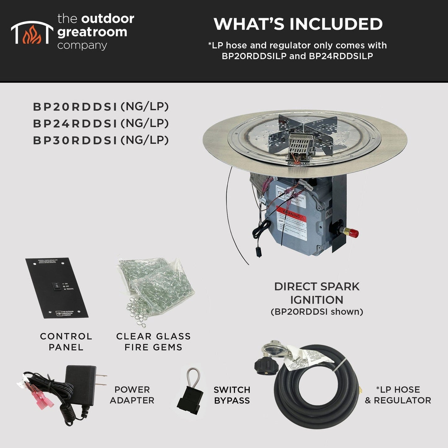 The Outdoor GreatRoom Company Crystal Fire Plus 20" Round Manual Gas Burner Insert and Plate Kit