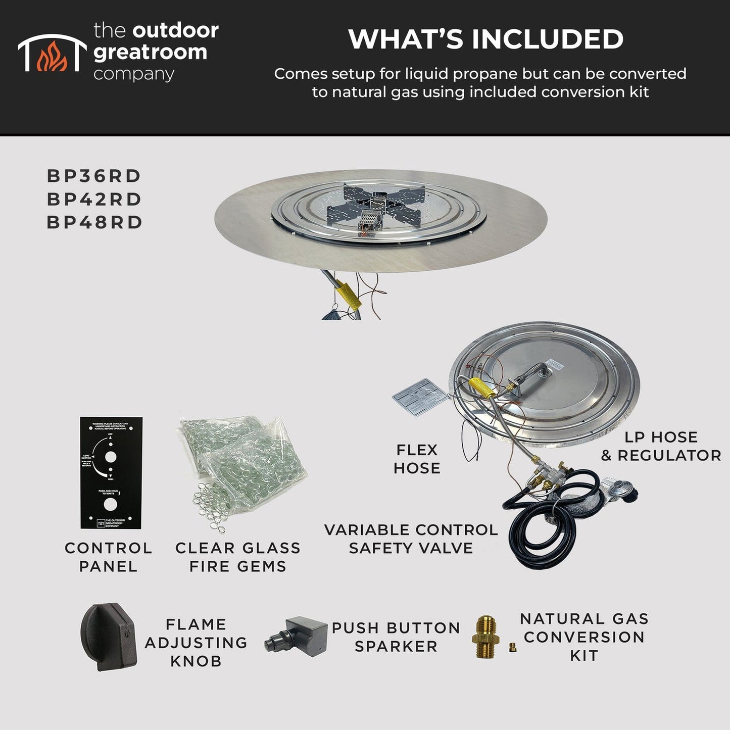The Outdoor GreatRoom Company Crystal Fire Plus 20" Round Manual Gas Burner Insert and Plate Kit