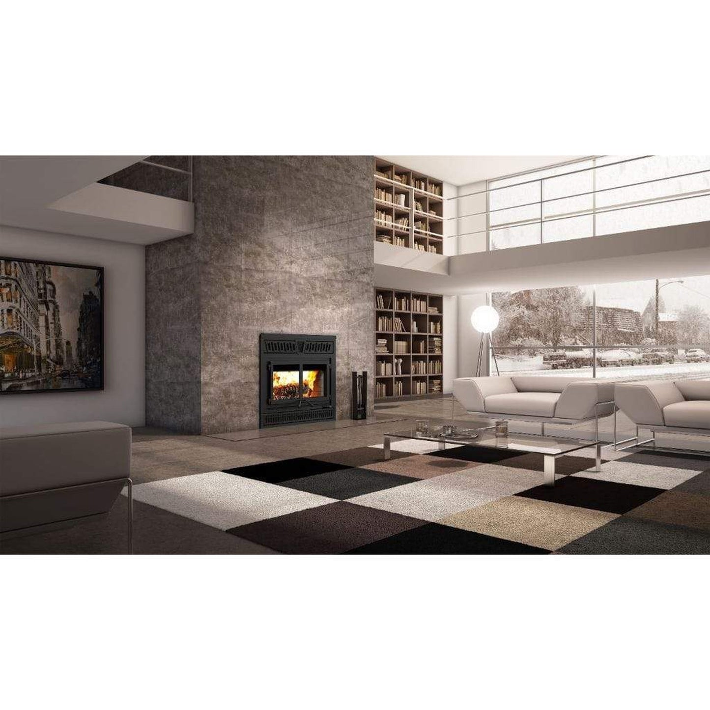 Valcourt Waterloo High-Efficiency Wood Fireplace With Black Crown Style Faceplate & Classic Moulded Brick Panels
