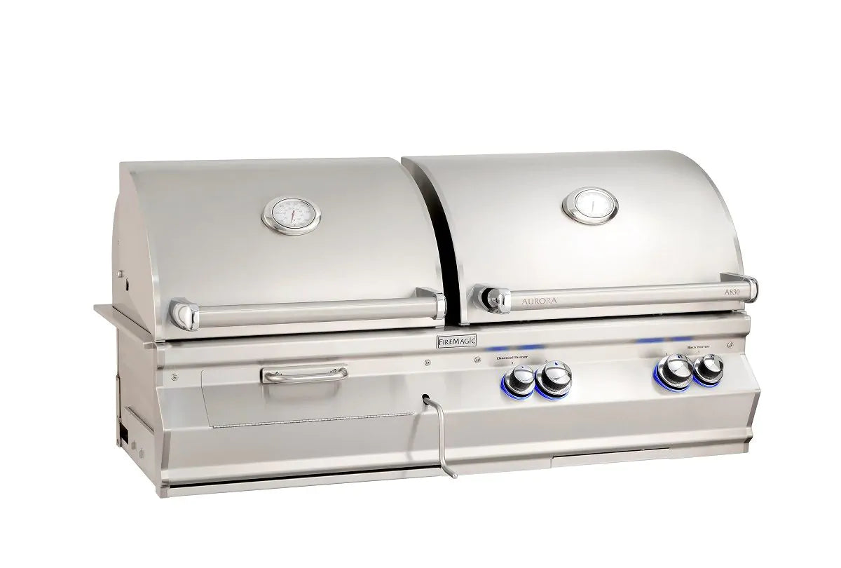 Fire Magic Aurora A830s 46" Natural Gas and Charcoal Built-In Dual Grill with 1 Sear Burner, Backburner, Rotisserie Kit and Analog Thermometer (A830I-8LAN-CB)