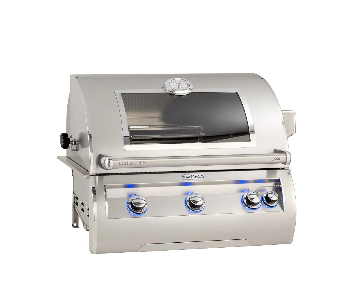 Fire Magic Echelon Diamond E660i 30" Propane Gas Built-In Grill with Backburner, Rotisserie Kit, Magic View Window and Analog Thermometer (E660I-8EAP-W)