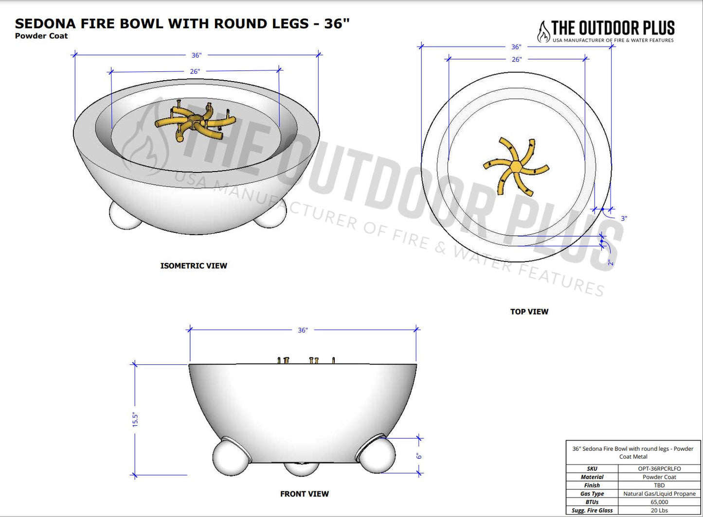 Sedona Fire Bowl with Round Legs by The Outdoor Plus - Free Cover Included