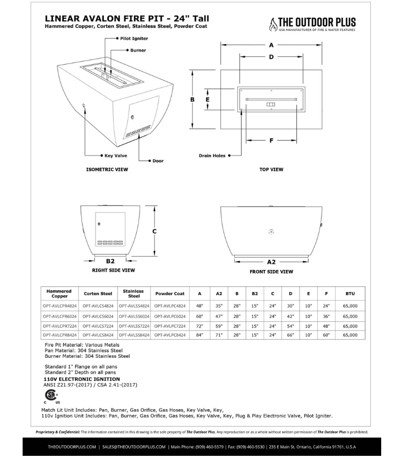 Avalon Linear Metal Fire Pit - 24" Tall by The Outdoor Plus - Free Cover Included