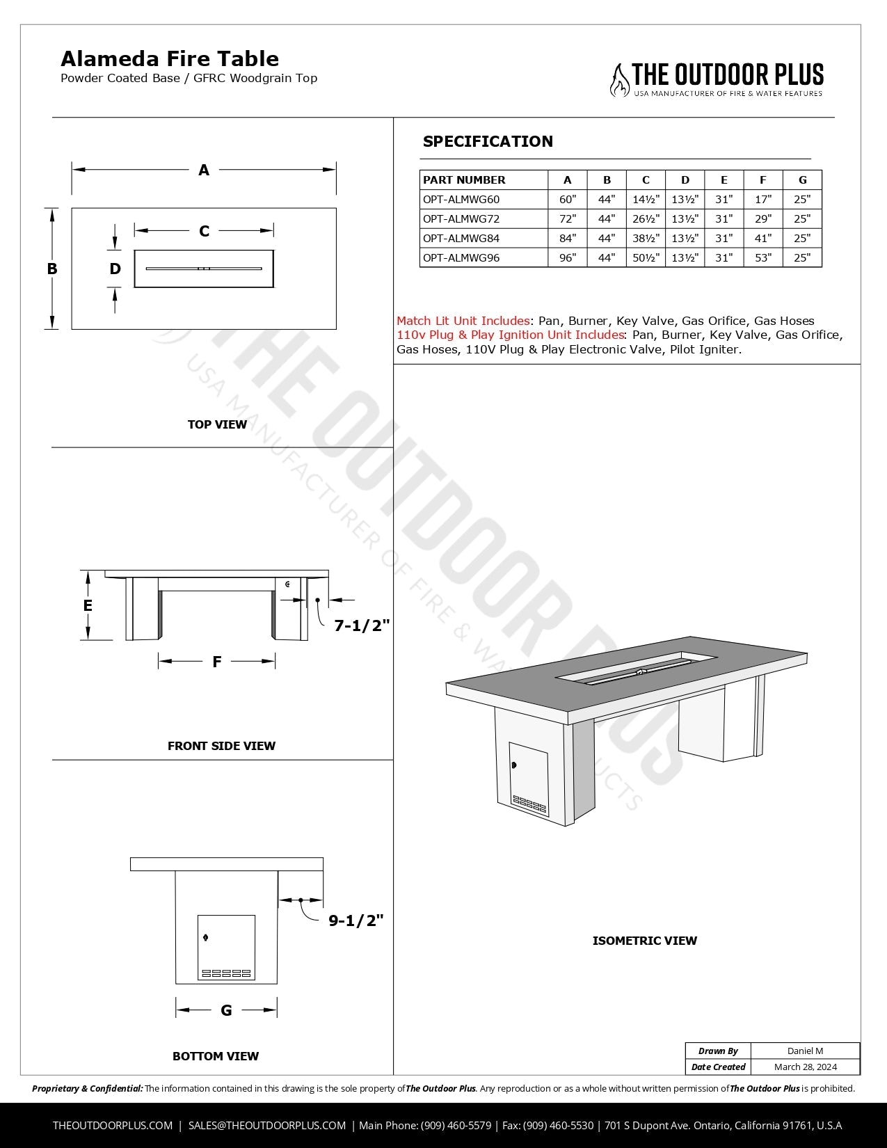Alameda Wood Grain Concrete and Steel Fire Table by The Outdoor Plus - Free Cover Included