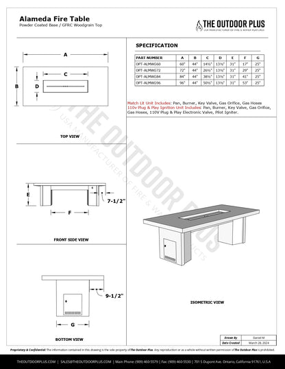 Alameda Wood Grain Concrete and Steel Fire Table by The Outdoor Plus - Free Cover Included