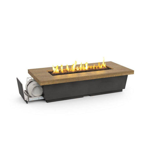 American Fyre Designs Reclaimed Wood Long Contempo 76" French Barrel Rectangle LP Gas Drawer Tank Firetable
