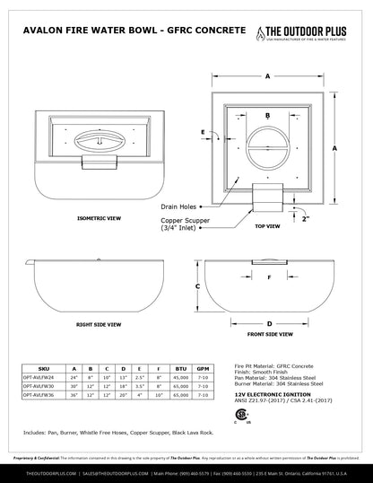 Avalon Concrete Fire & Water Bowl by The Outdoor Plus - Free Cover Included