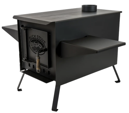 Buck Stove Model Little Buck Black Wood Burning Campstove With Legs, Shelves and 4" Collar