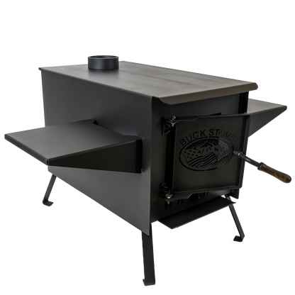 Buck Stove Model Little Buck Black Wood Burning Campstove With Legs, Shelves and 4" Collar