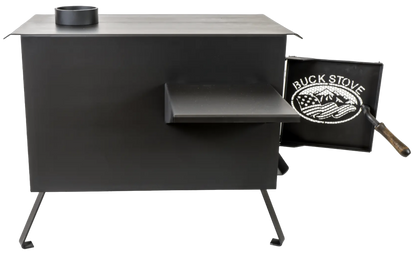 Buck Stove Model Little Buck Black Wood Burning Campstove With Legs, Shelves and 4" Collar