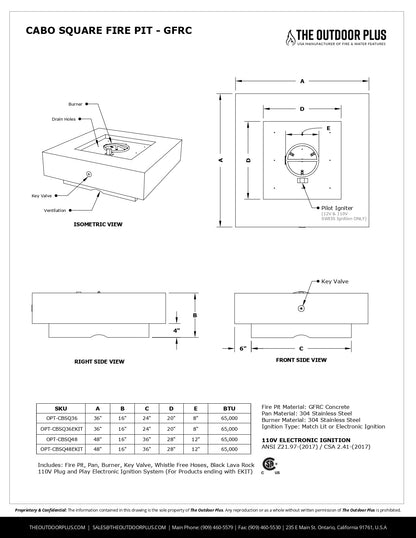 Cabo Square Concrete Fire Pit by The Outdoor Plus - Free Cover Included