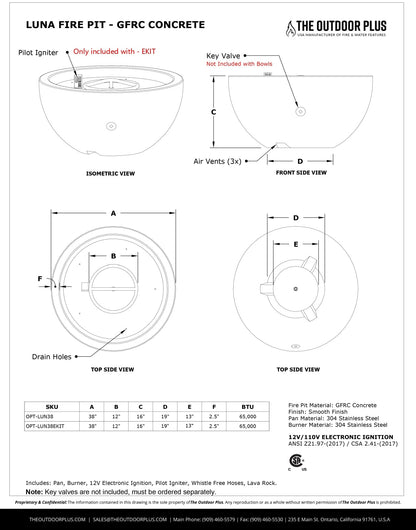 Luna Concrete Fire Pit by The Outdoor Plus - Free Cover Included