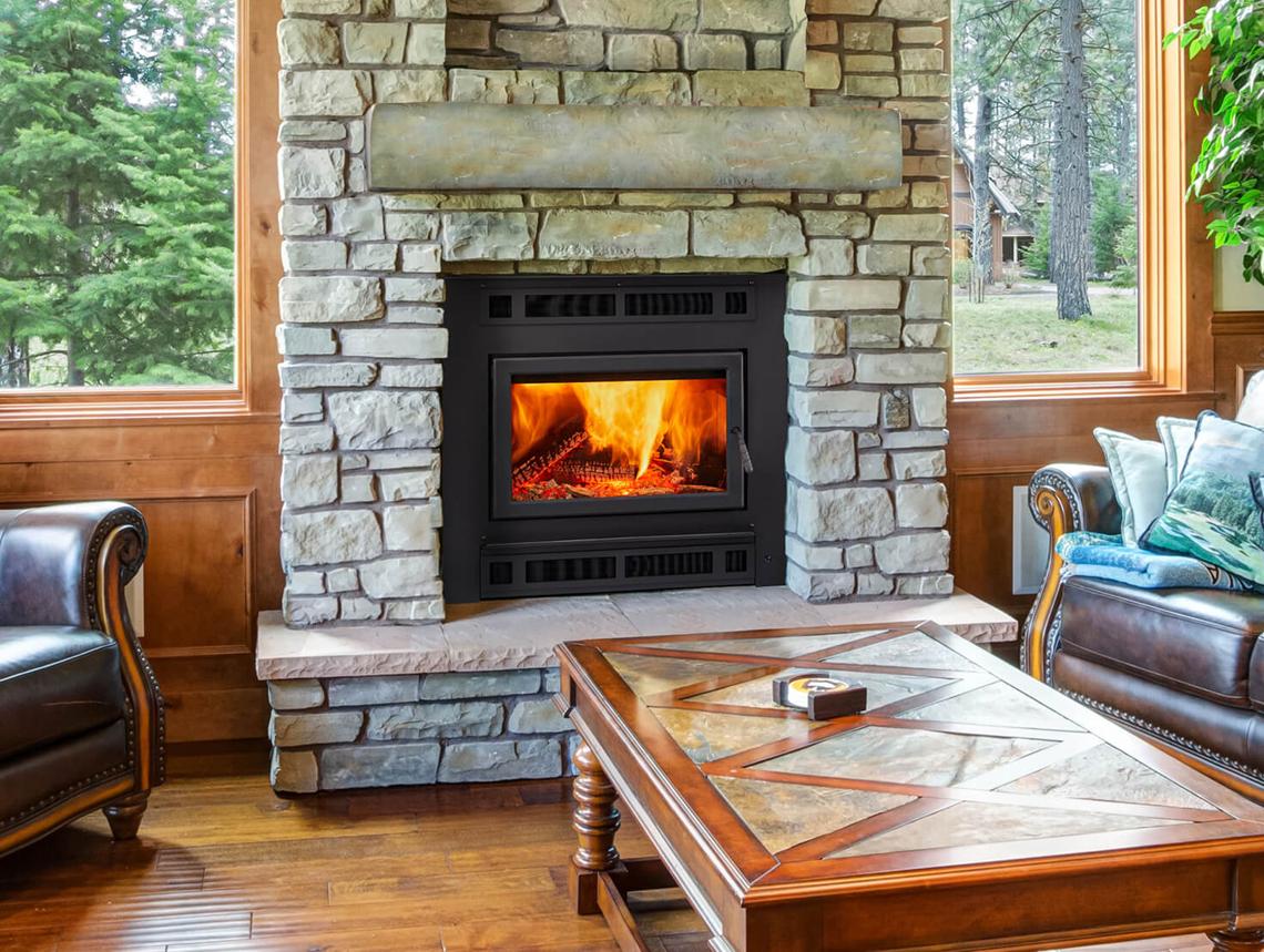 Majestic Pioneer III 48" Classic Black Traditional Wood Burning Fireplace With Rectangular Door