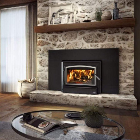 Osburn 3500 Wood Insert With Brushed Nickel Door Overlay, Large Faceplate, Black Large Faceplate Trims & Forever Flex Liner Kit
