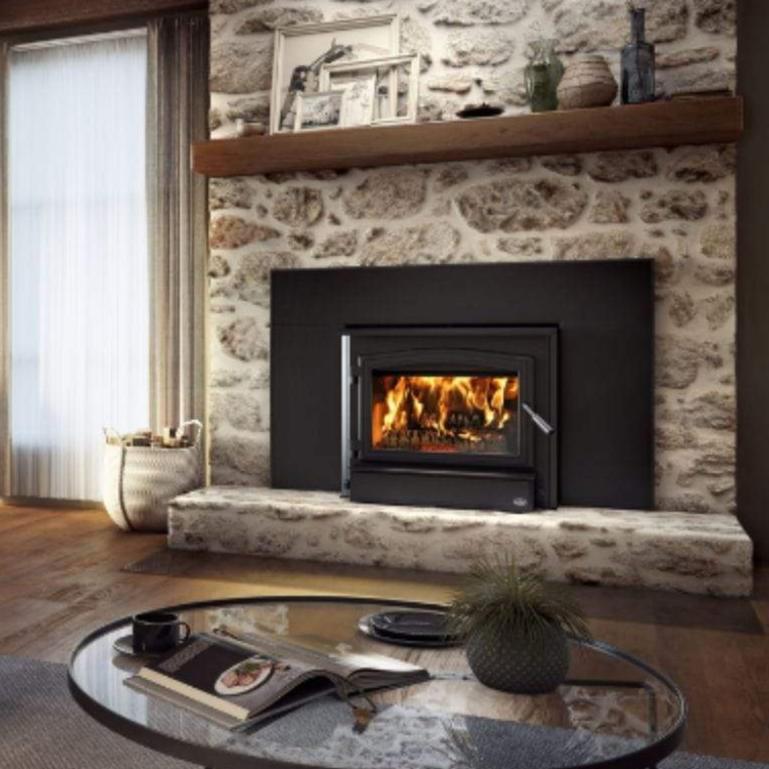 Osburn 3500 Wood Insert With Black Door Overlay, Large Faceplate, Black Faceplate Trims & Forever Flex Liner Kit