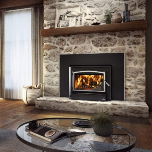 Osburn 3500 Wood Insert With Brushed Nickel Door Overlay, Faceplate, Brushed Nickel Large Faceplate Trims & Forever Flex Liner Kit