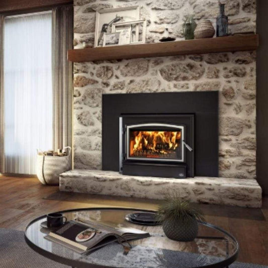 Osburn 3500 Wood Insert With Brushed Nickel Door Overlay, Faceplate, Black Large Faceplate Trims & Forever Flex Liner Kit