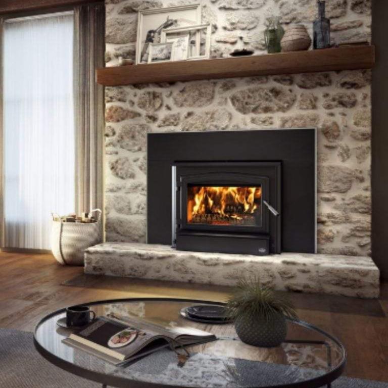 Osburn 3500 Wood Insert With Black Door Overlay, Large Faceplate, Brushed Nickel Faceplate Trims & Forever Flex Liner Kit