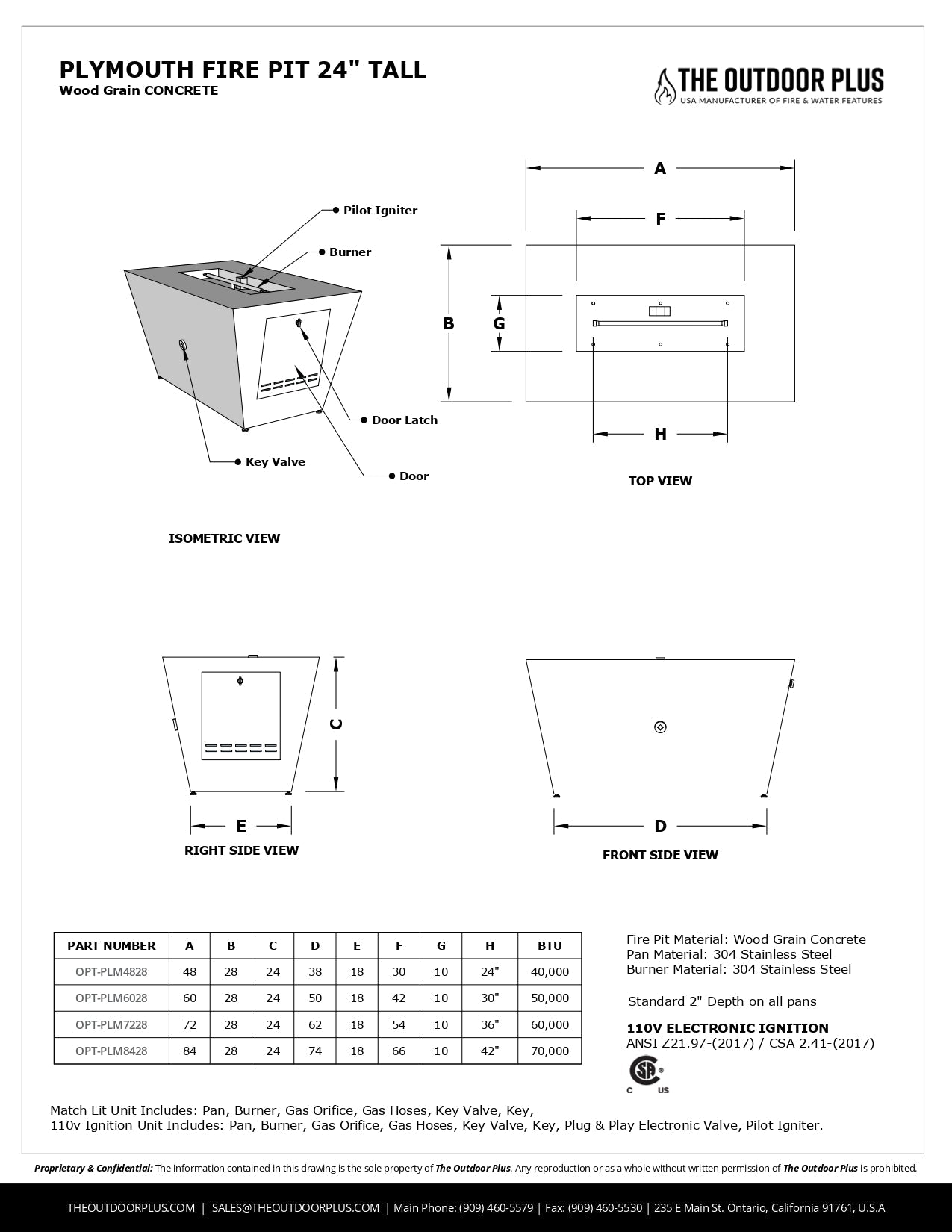Plymouth Rectangular Wood Grain Concrete Fire Pit by The Outdoor Plus - Free Cover Included