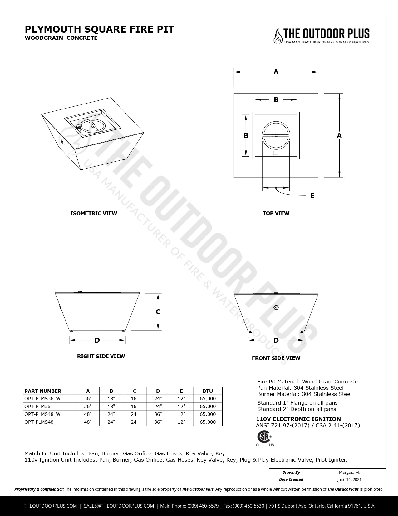 Plymouth Square Wood Grain Concrete Fire Pit by The Outdoor Plus - Free Cover Included