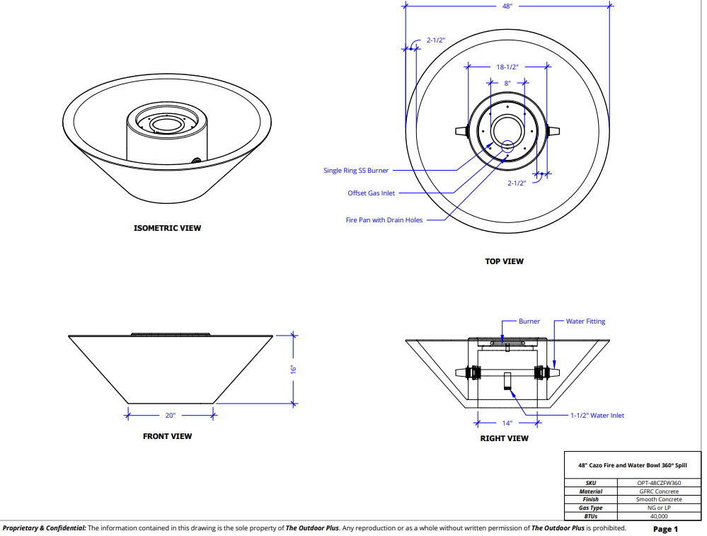 48" Cazo Concrete Fire & Water Bowl - 360° Spill by The Outdoor Plus - Free Cover Included