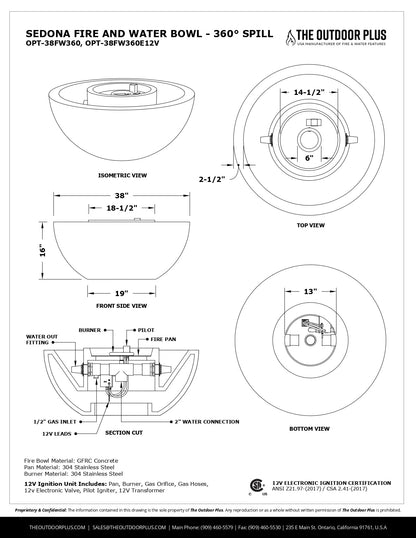 38" Sedona 360° Spill Concrete Fire & Water Bowl by The Outdoor Plus - Free Cover Included