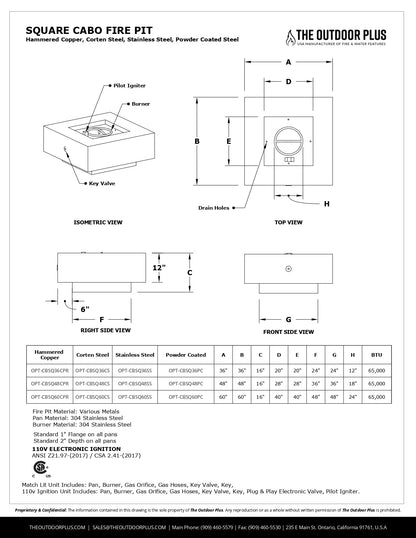 Cabo Square Metal Fire Pit by The Outdoor Plus - Free Cover Included