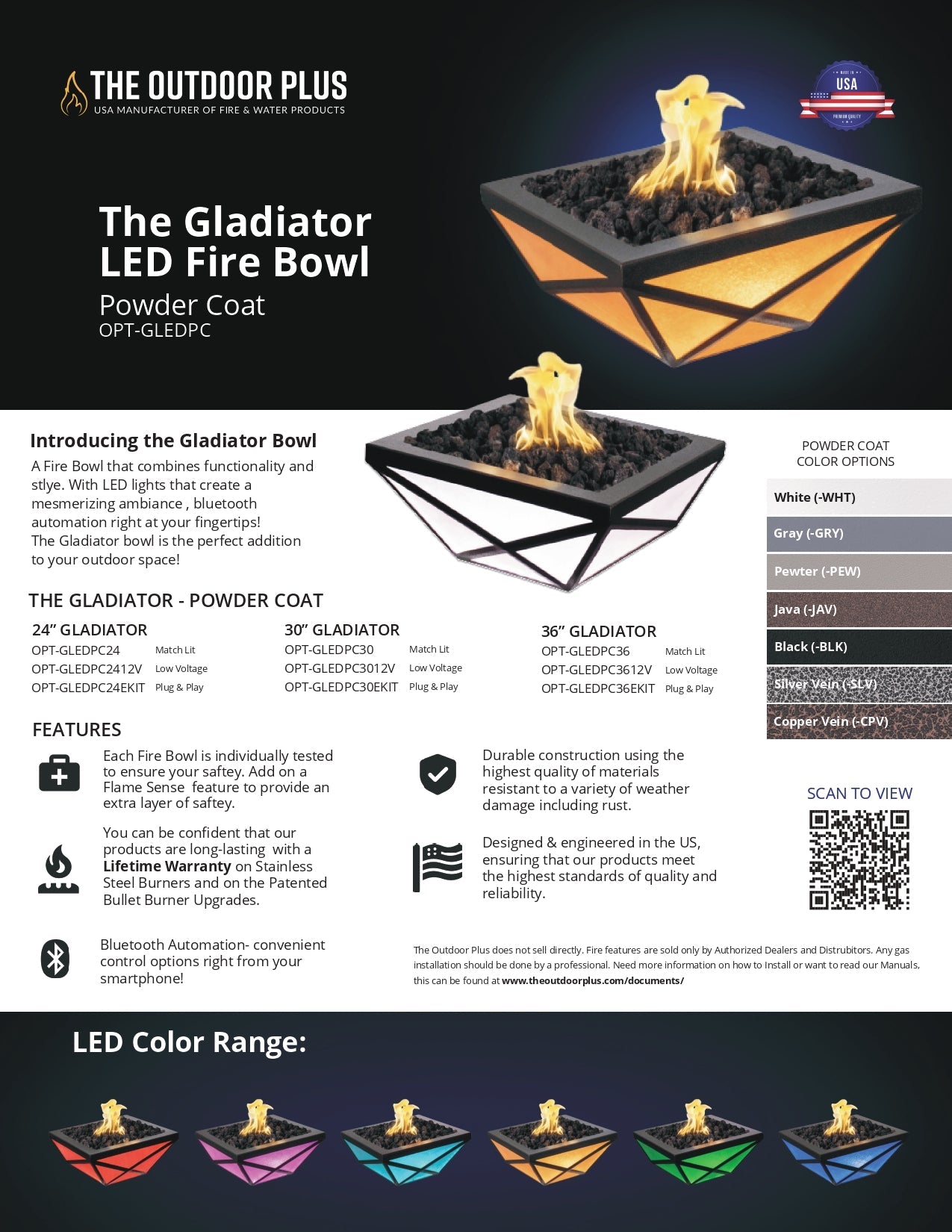 Gladiator Led Fire Bowl Metal Powder Coat by The Outdoor Plus - Free Cover Included