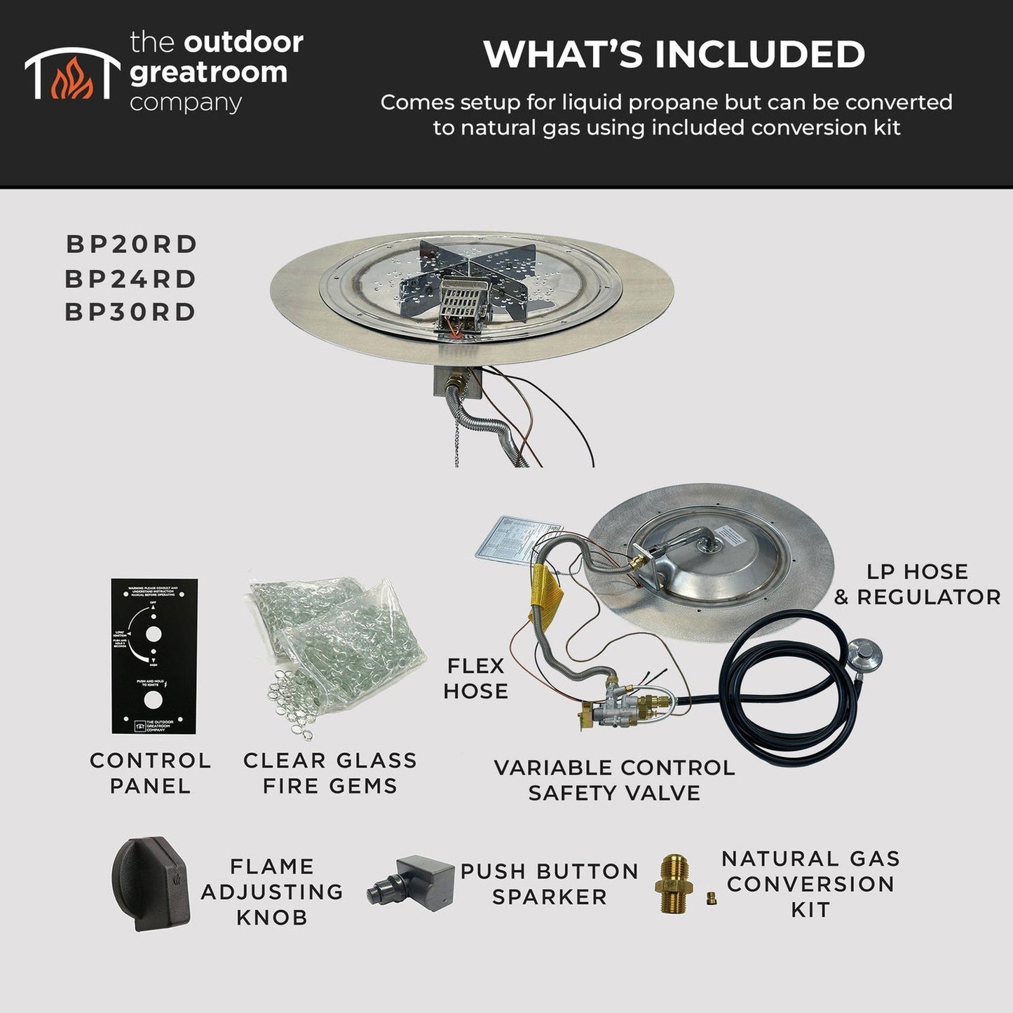 The Outdoor GreatRoom Company Crystal Fire Plus 20" Round Manual Gas Burner Insert and Plate Kit