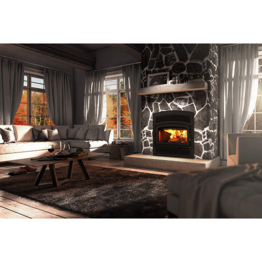 Valcourt Lafayette II Wood Fireplace With Black Door Overlay, Black Arched Faceplate, & Classic Style Faceplate Louver